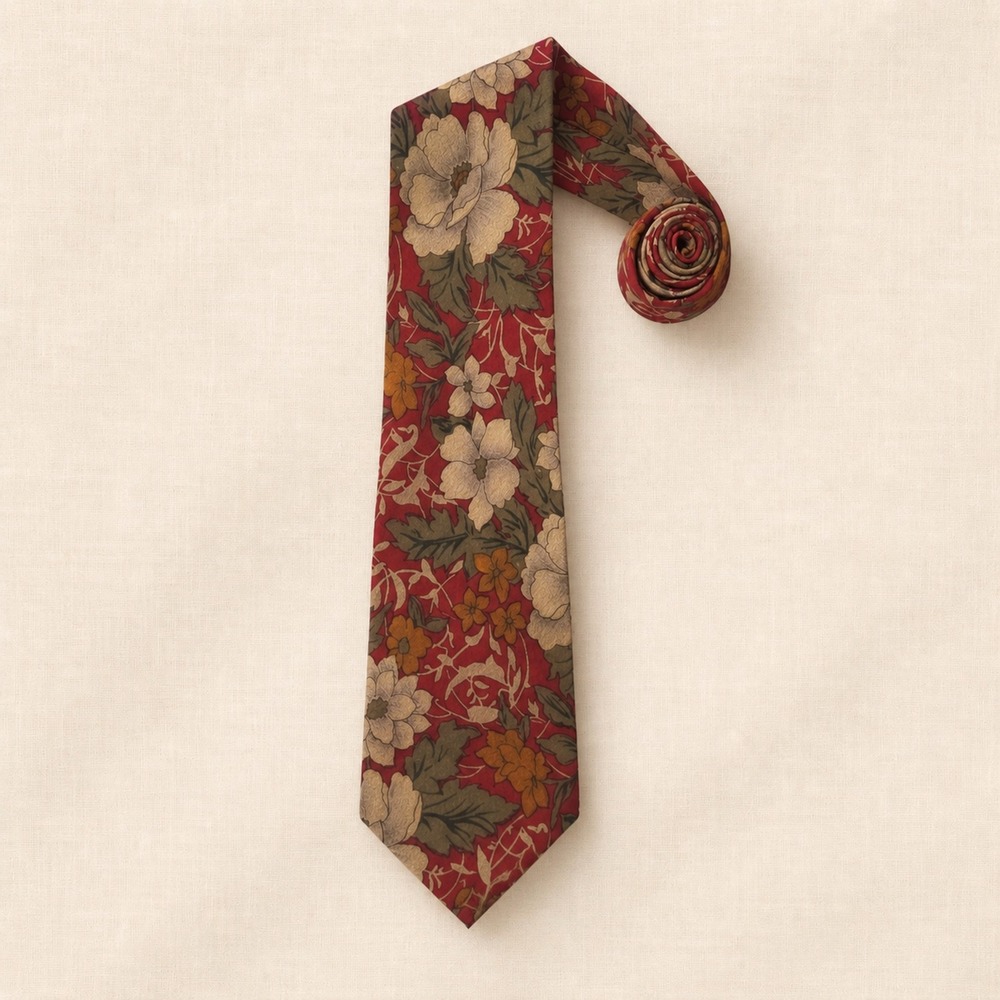Adolfo Vintage Silk Neck Tie Floral Imported Hand Made Red Taupe Olive 59x3.5